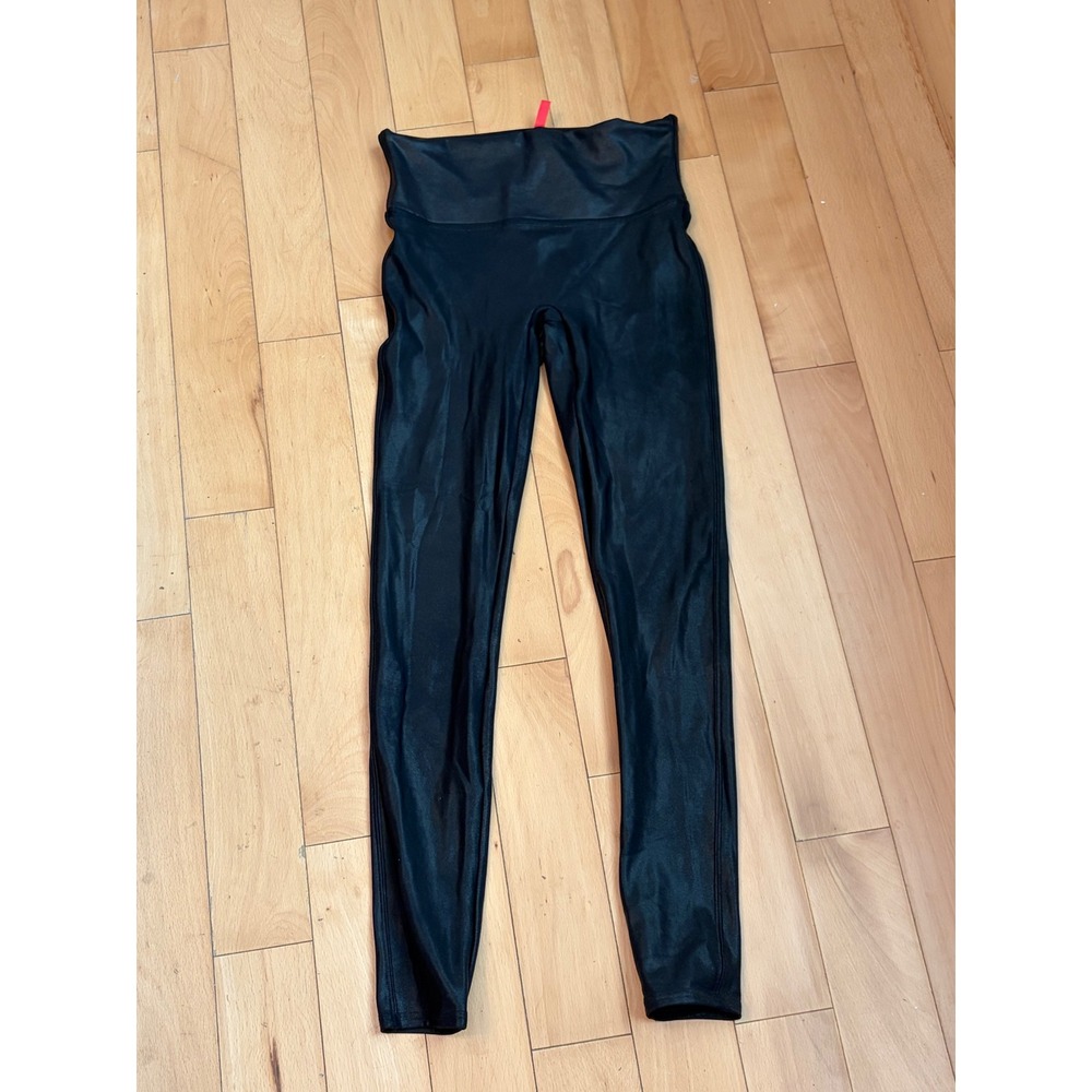Spanx Faux Leather Leggings Womens Medium Black High Waist Coated Shiny Slimming